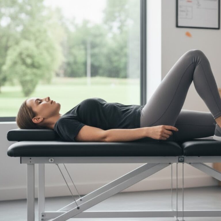 Pacjentka odpoczywa na kozetce w gabinecie Reactive (Warszawa Ursus) w pozycji odciążającej kręgosłup i wspierającej regenerację mięśni nóg.