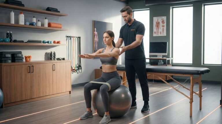 Fizjoterapeuta w Reactive Warszawa Ursus koryguje ustawienie barków pacjentki siedzącej na piłce gimnastycznej, ucząc aktywnego siedzenia.