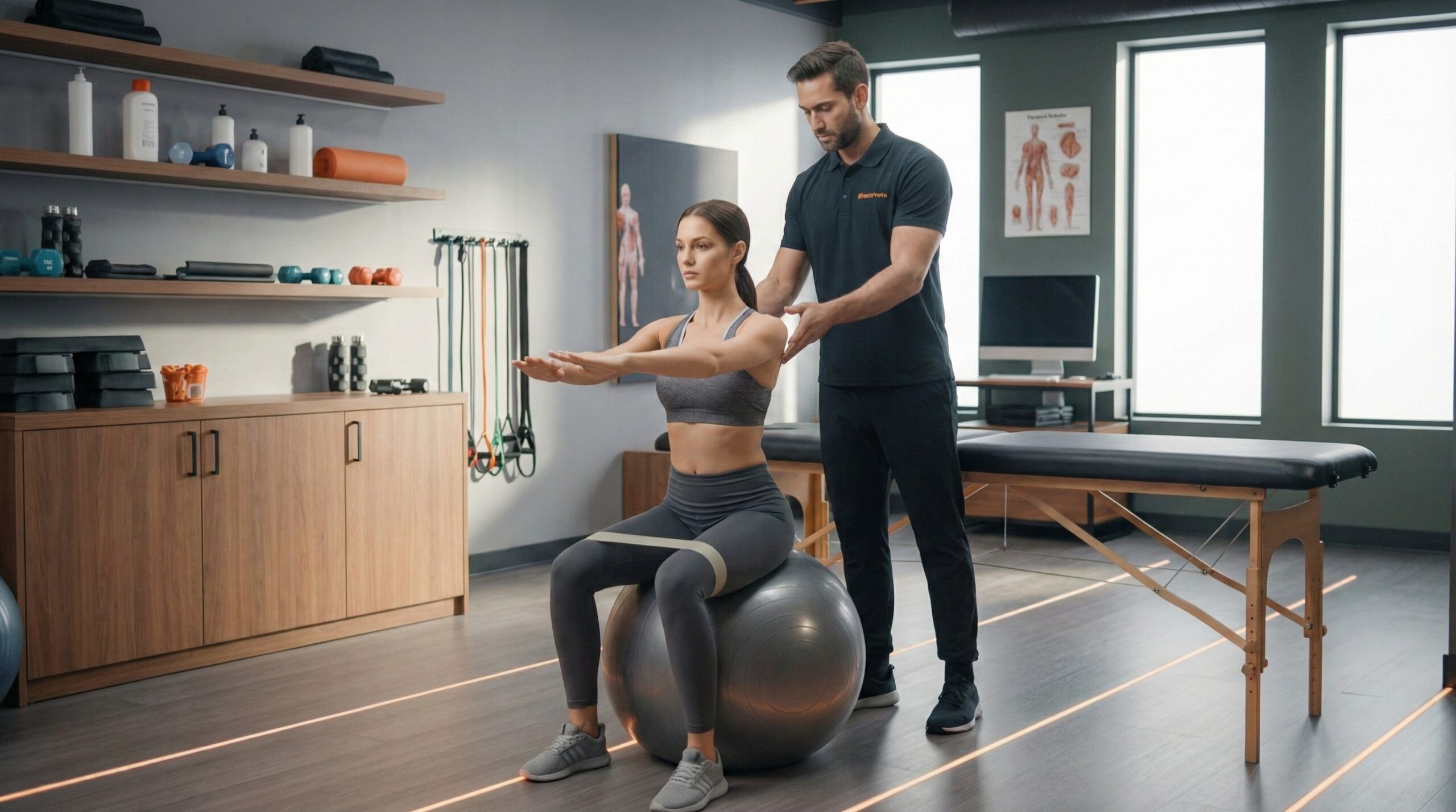 Fizjoterapeuta w Reactive Warszawa Ursus koryguje ustawienie barków pacjentki siedzącej na piłce gimnastycznej, ucząc aktywnego siedzenia.