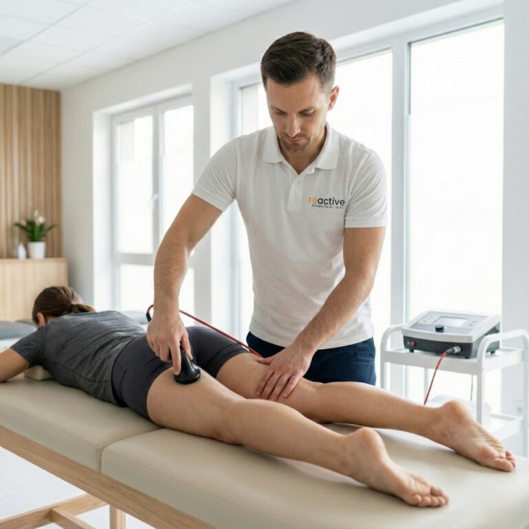 Fizjoterapeuta sportowy z kliniki Reactive Warszawa Ursus wykonuje zabieg fali uderzeniowej na tylnej stronie uda pacjentki leżącej na kozetce, stymulując mięśnie do regeneracji.