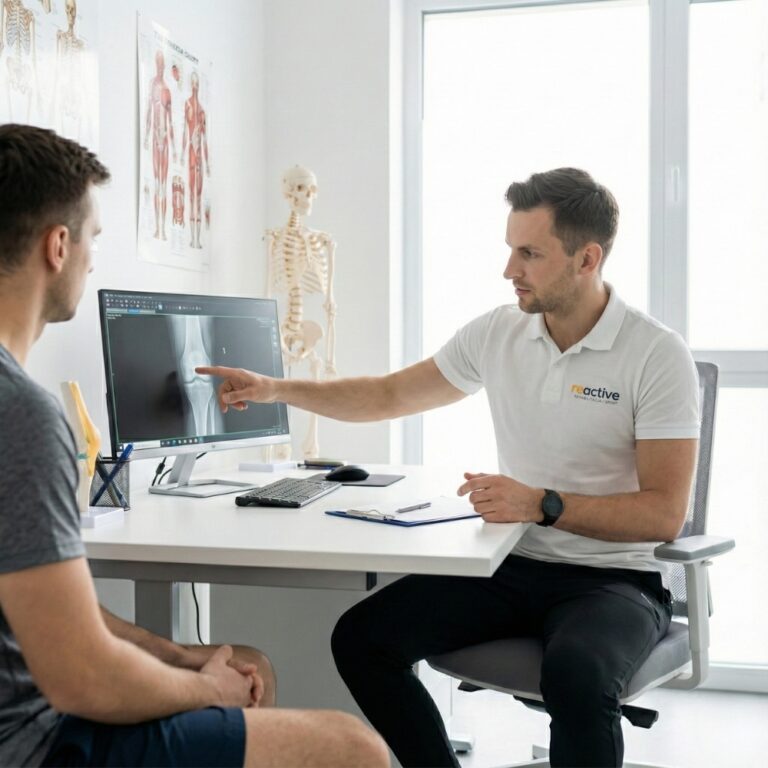 Lekarz ortopeda siedzący przy biurku medycznym obok pacjenta i wskazujący palcem na wyświetlone na ekranie komputera zdjęcie rentgenowskie RTG w gabinecie Reactive Warszawa Ursus.
