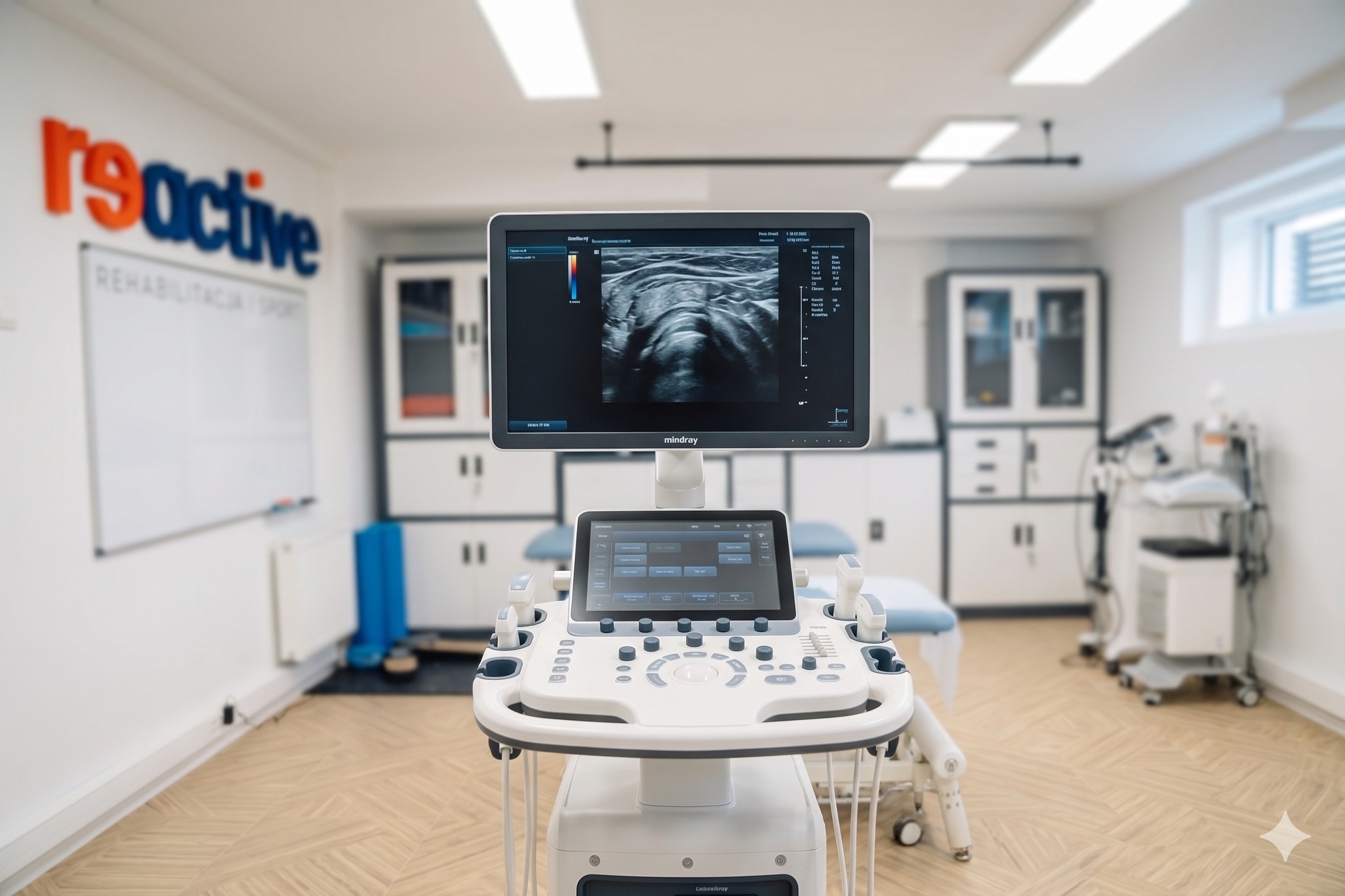 Nowoczesny, cyfrowy aparat USG Mindray Consona N6 klasy premium w gabinecie diagnostycznym centrum rehabilitacji i fizjoterapii Reactive w Ursusie.